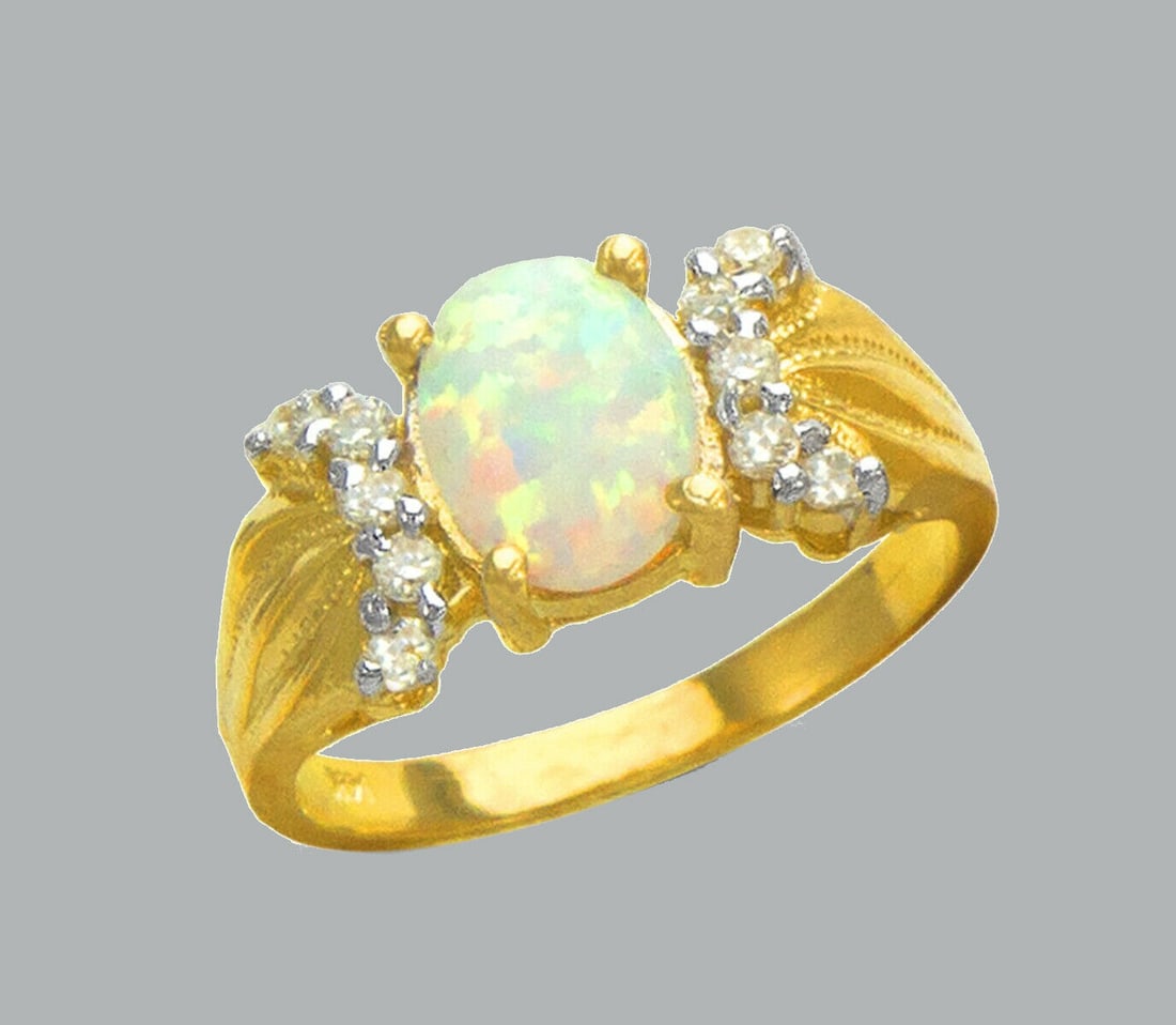 NEW 14K YELLOW GOLD LADIES CZ OPAL COCKTAIL RING (1 of 1)