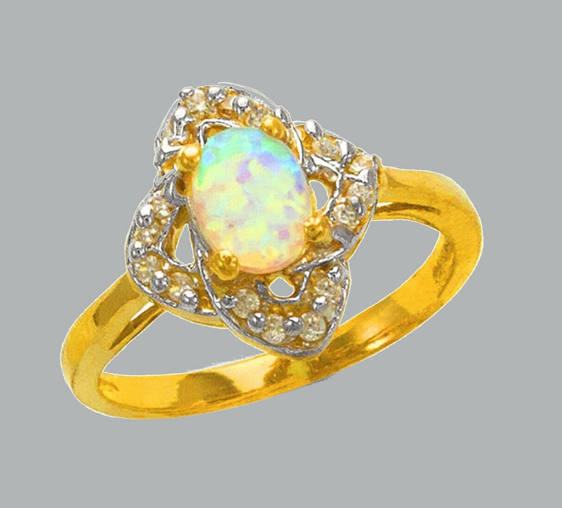 NEW 14K TWO TONE GOLD LADIES CZ OPAL COCKTAIL RING (1 of 1)