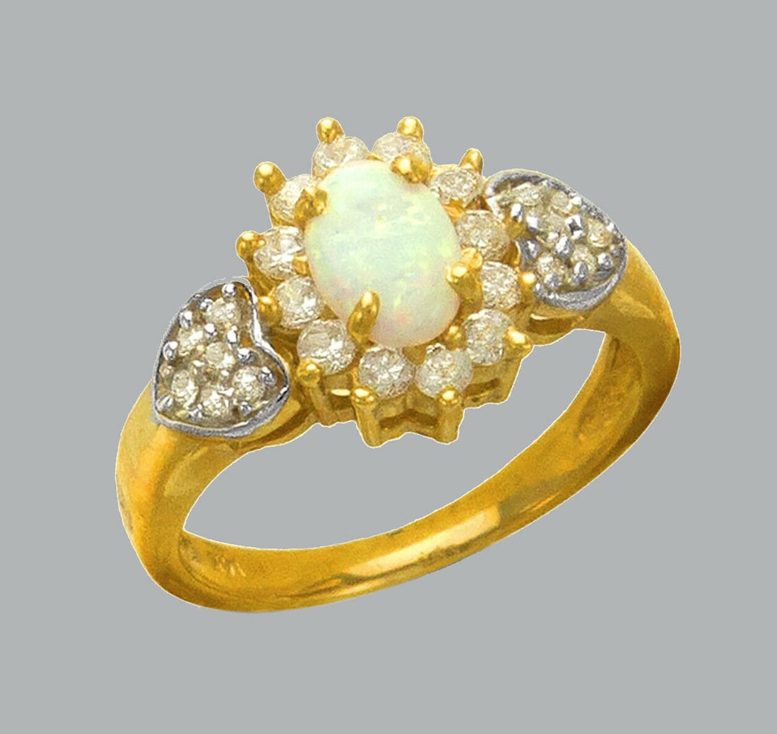 14K TWO TONE GOLD LADIES CZ OPAL COCKTAIL RING HEARTS (1 of 1)