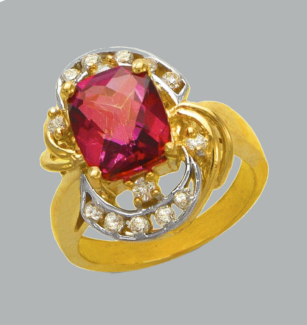 NEW 14K TWO TONE GOLD LADIES CZ COCKTAIL RING RED (1 of 1)