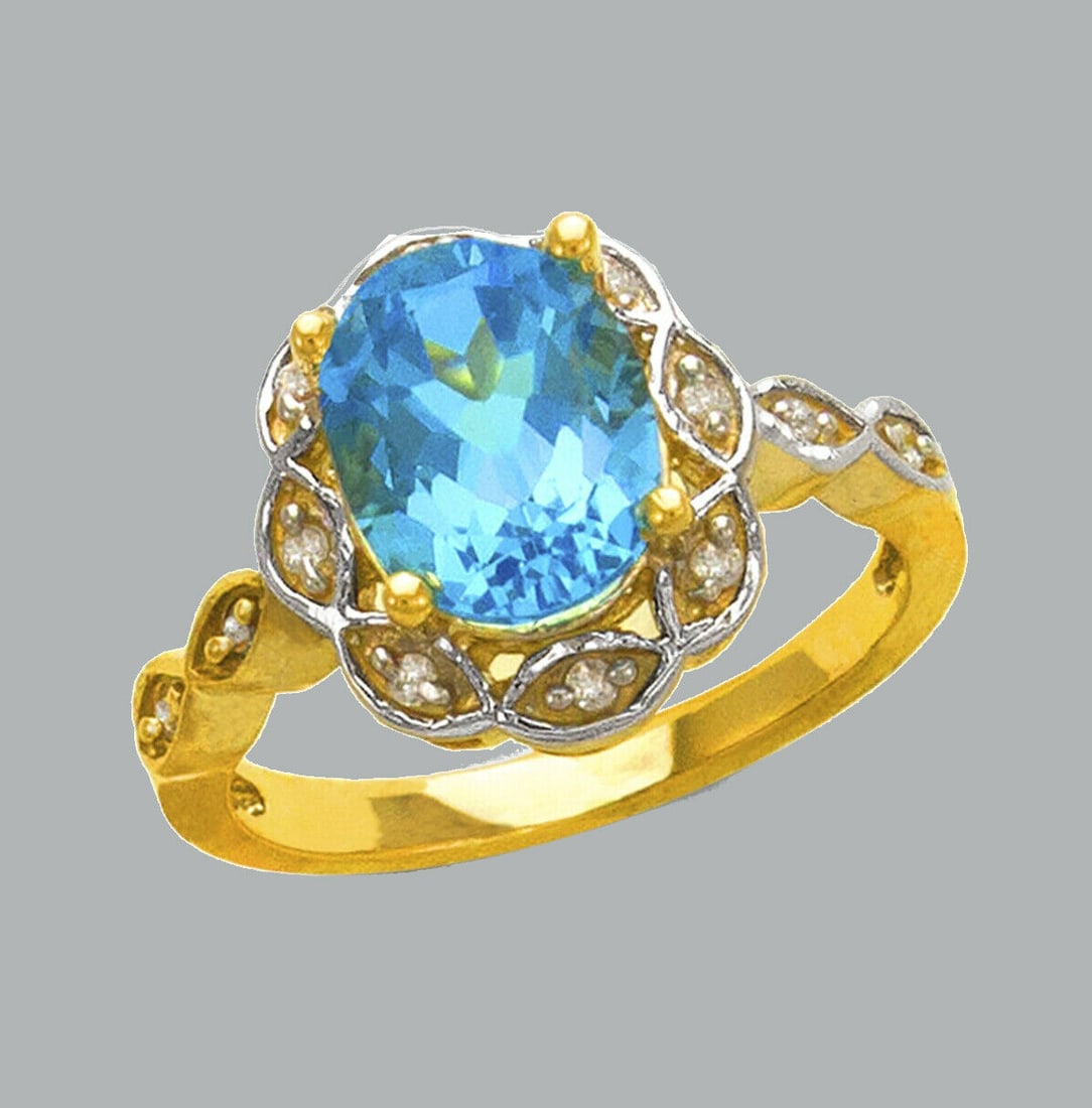 NEW 14K TWO TONE GOLD LADIES CZ COCKTAIL RING BLUE (1 of 1)