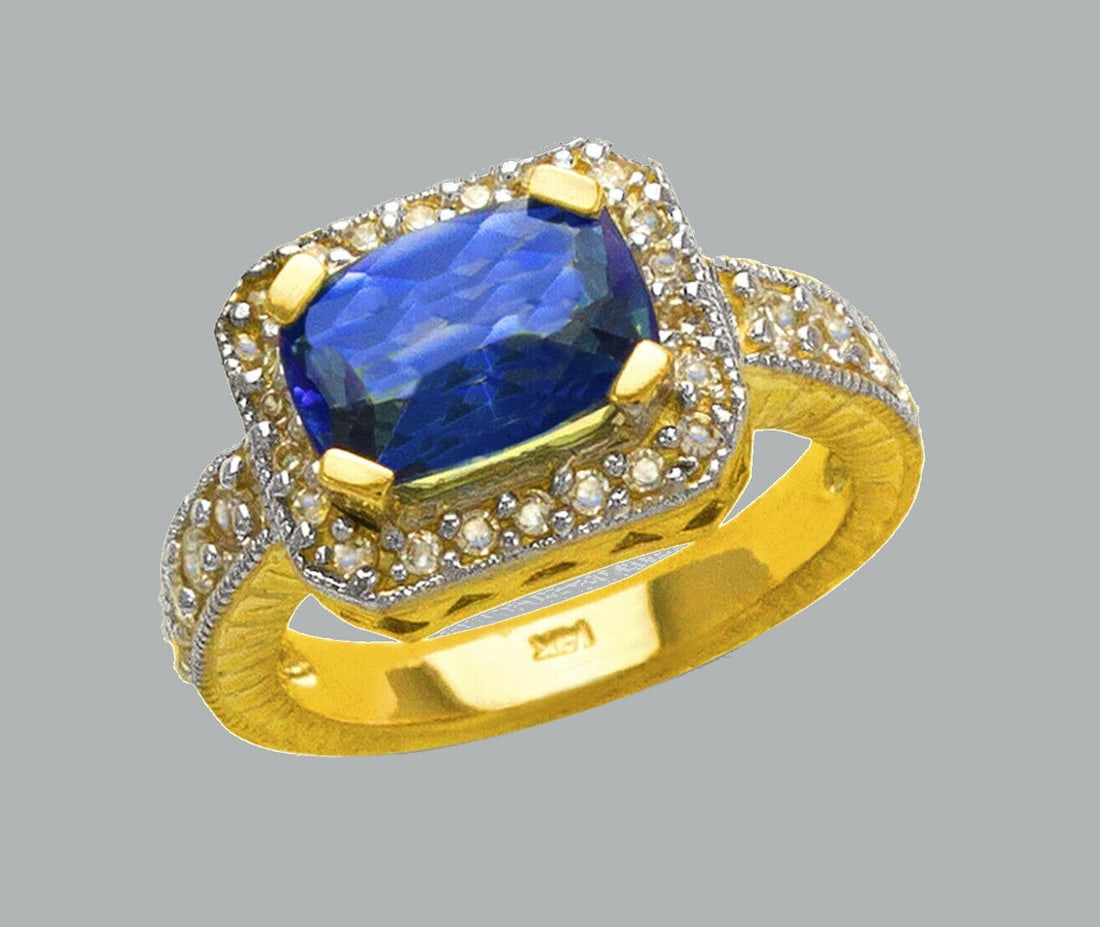 NEW 14K TWO TONE GOLD LADIES CZ COCKTAIL RING BLUE (1 of 1)