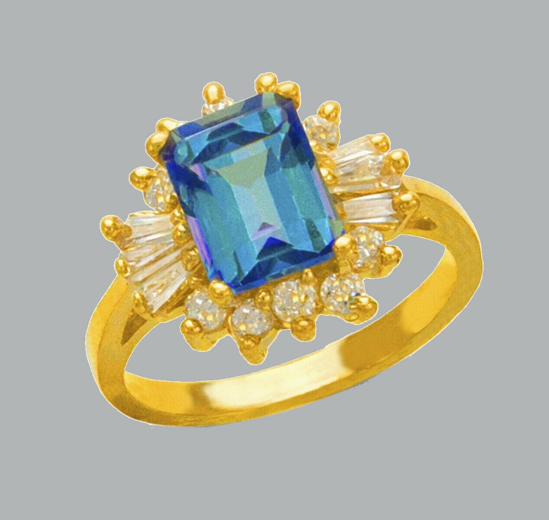 NEW 14K YELLOW GOLD LADIES CZ COCKTAIL RING BLUE (1 of 1)
