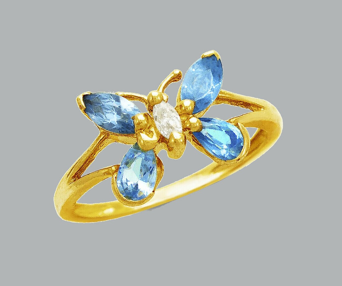 NEW 14K YELLOW GOLD LADIES FANCY CZ RING BLUE BUTTERFLY (1 of 1)
