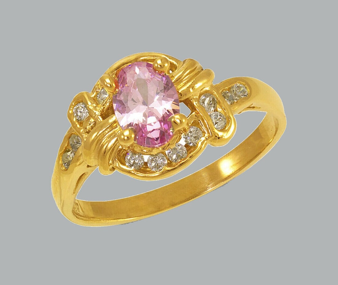 NEW 14K YELLOW GOLD LADIES FANCY CZ RING PINK OVAL (1 of 1)