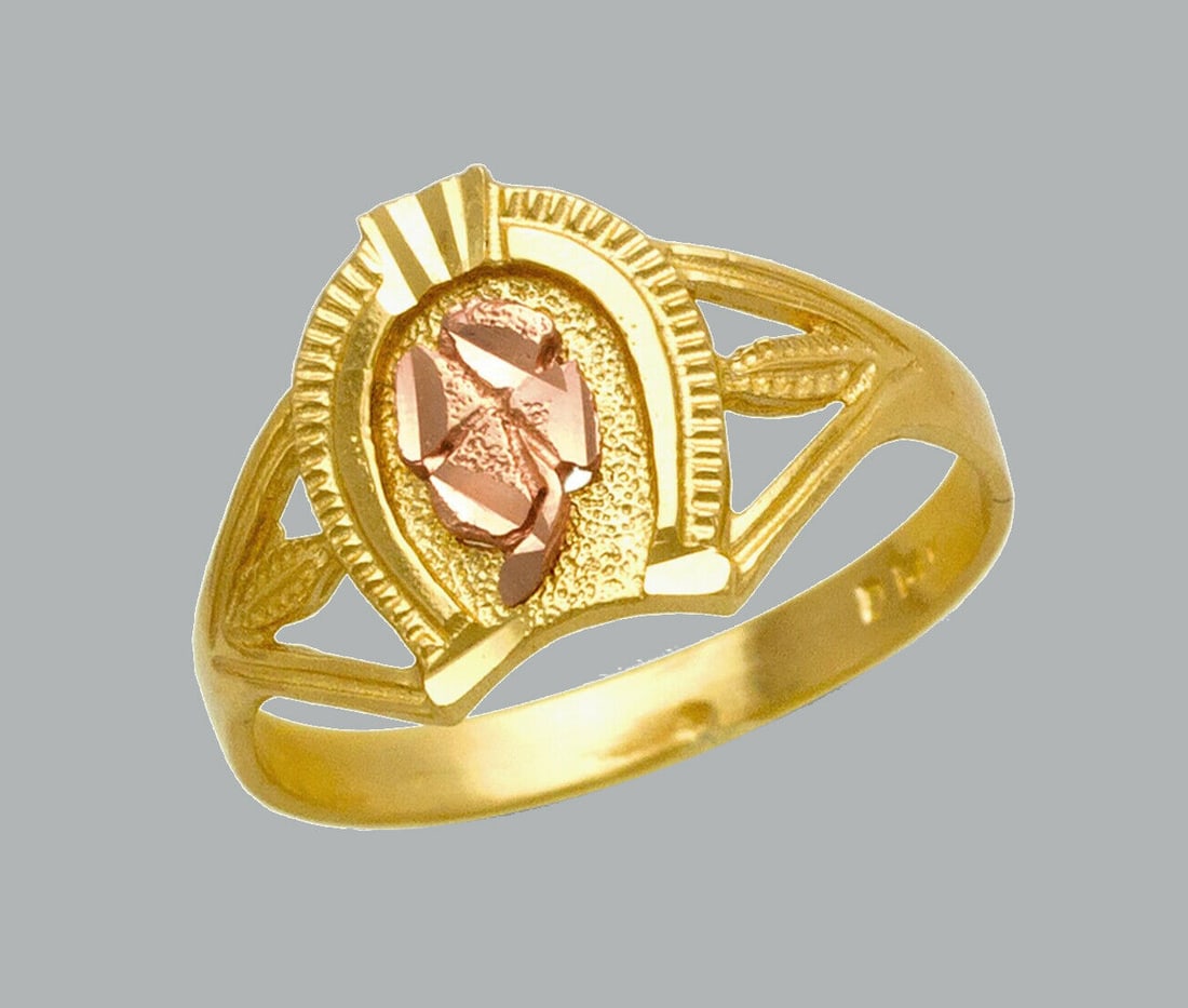 NEW 14K TWO TONE GOLD LADIES FANCY RING CLOVER: NEW 14K TWO TONE GOLD RING New 14K Two tone solid gold ring Ring size 7 Measures 12mm wide in front Diamond cut Polished Finish Apx Weight: 2g