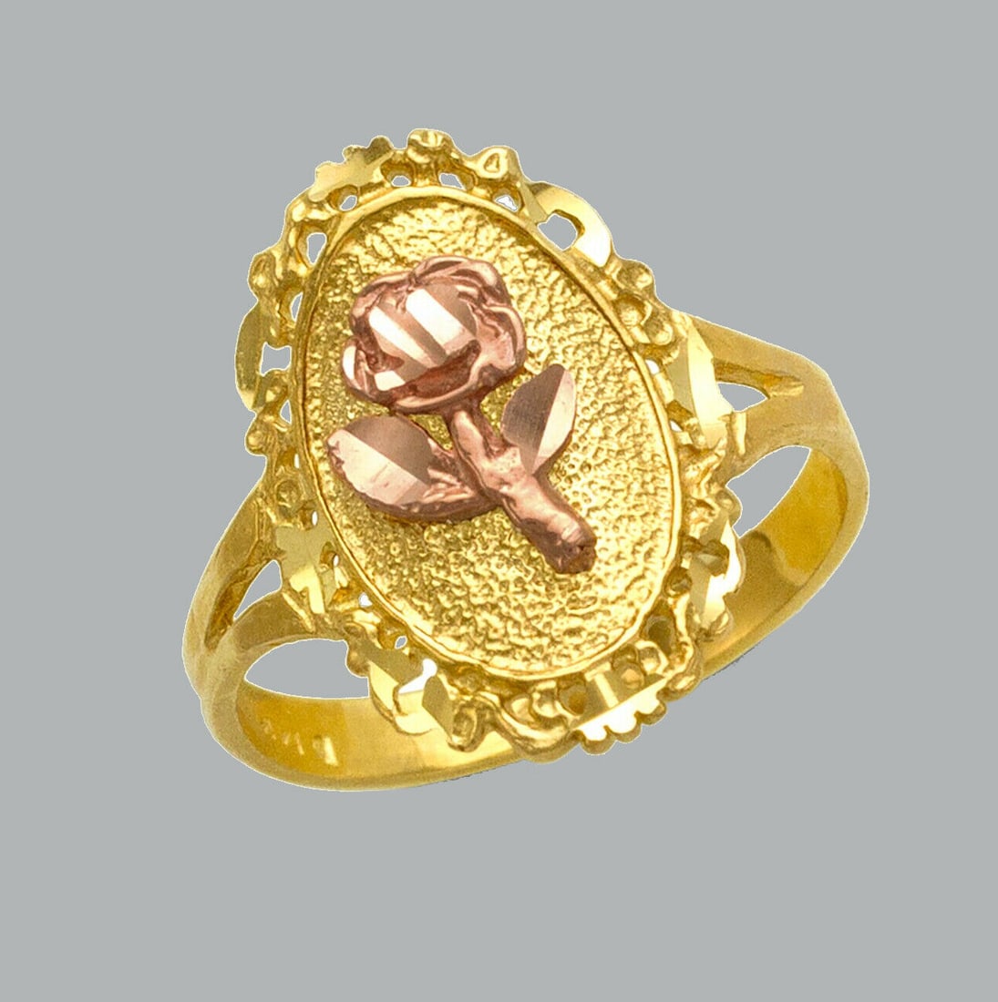 NEW 14K TWO TONE GOLD LADIES FANCY RING FLOWER ROSE: NEW 14K TWO TONE GOLD RING New 14K Two tone solid gold ring Ring size 7 Measures 18mm wide in front Diamond cut Polished Finish Apx Weight: 3g