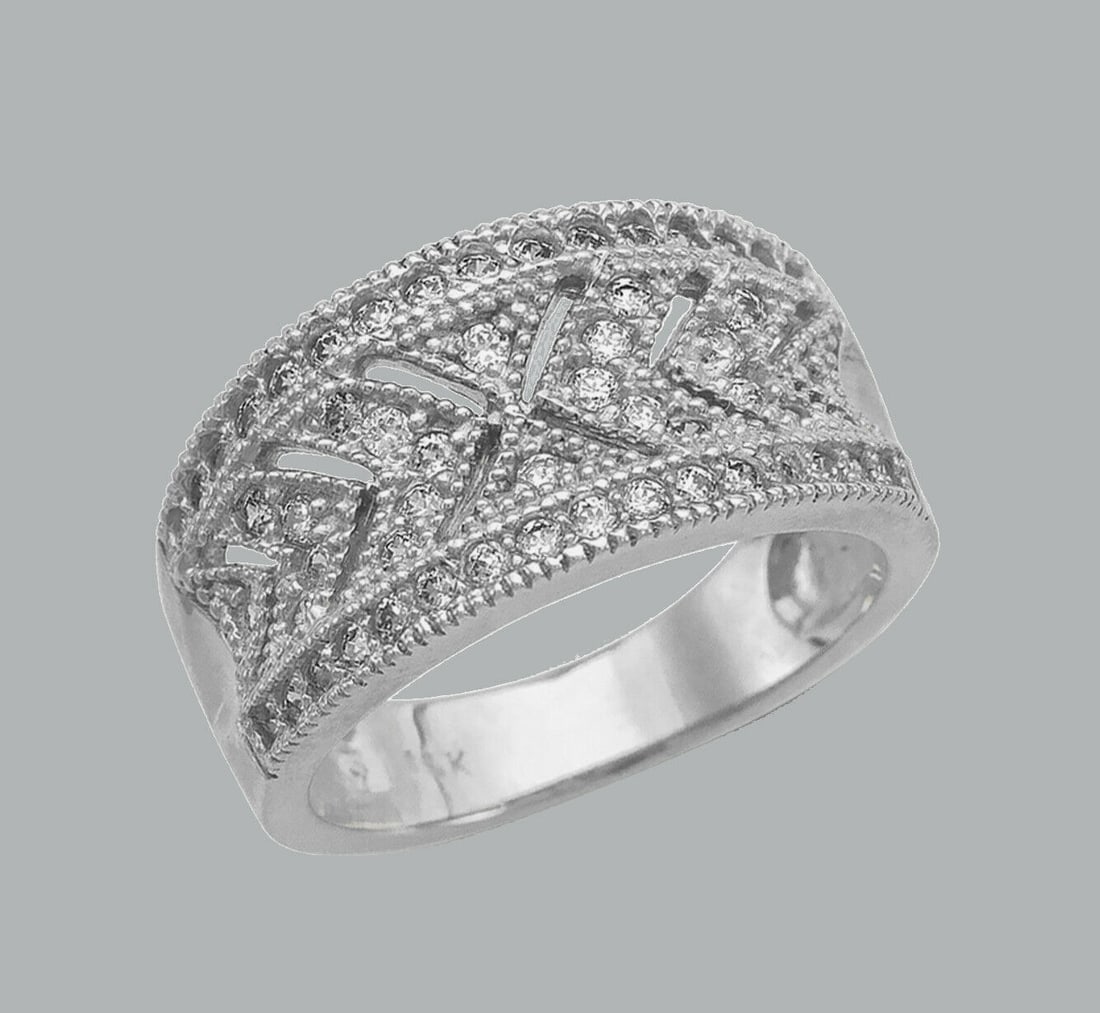 14K WHITE GOLD LADIES CZ RING BAND ROUND CUT FILIGREE (1 of 1)