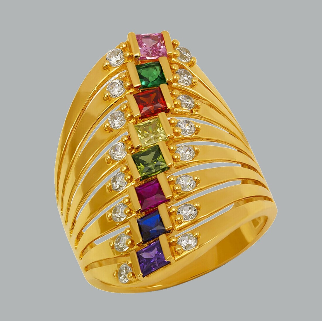 NEW 14K YELLOW GOLD LADIES FANCY COLORED CZ RING 8 ROW (1 of 1)