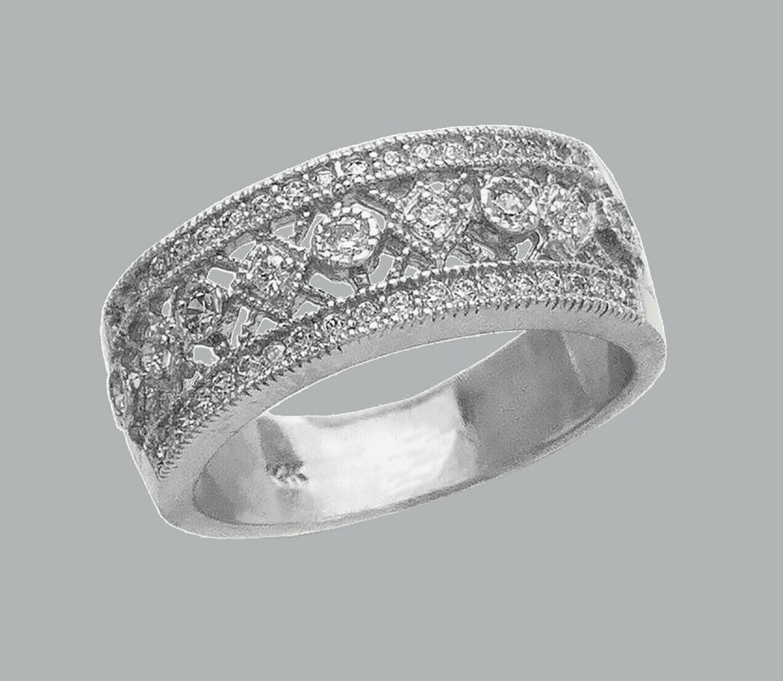 14K WHITE GOLD LADIES CZ RING FILIGREE BAND FLOWER (1 of 1)