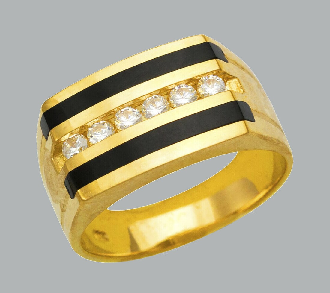 NEW 14K YELLOW GOLD MENS CZ RING ONYX LARGE: NEW 14K YELLOW GOLD MENS RING New 14K Yellow solid gold ring Ring size 10 Measures 11mm wide on top Cubic Zirconia Onyx Polished Finish Apx Weight: 11.8g