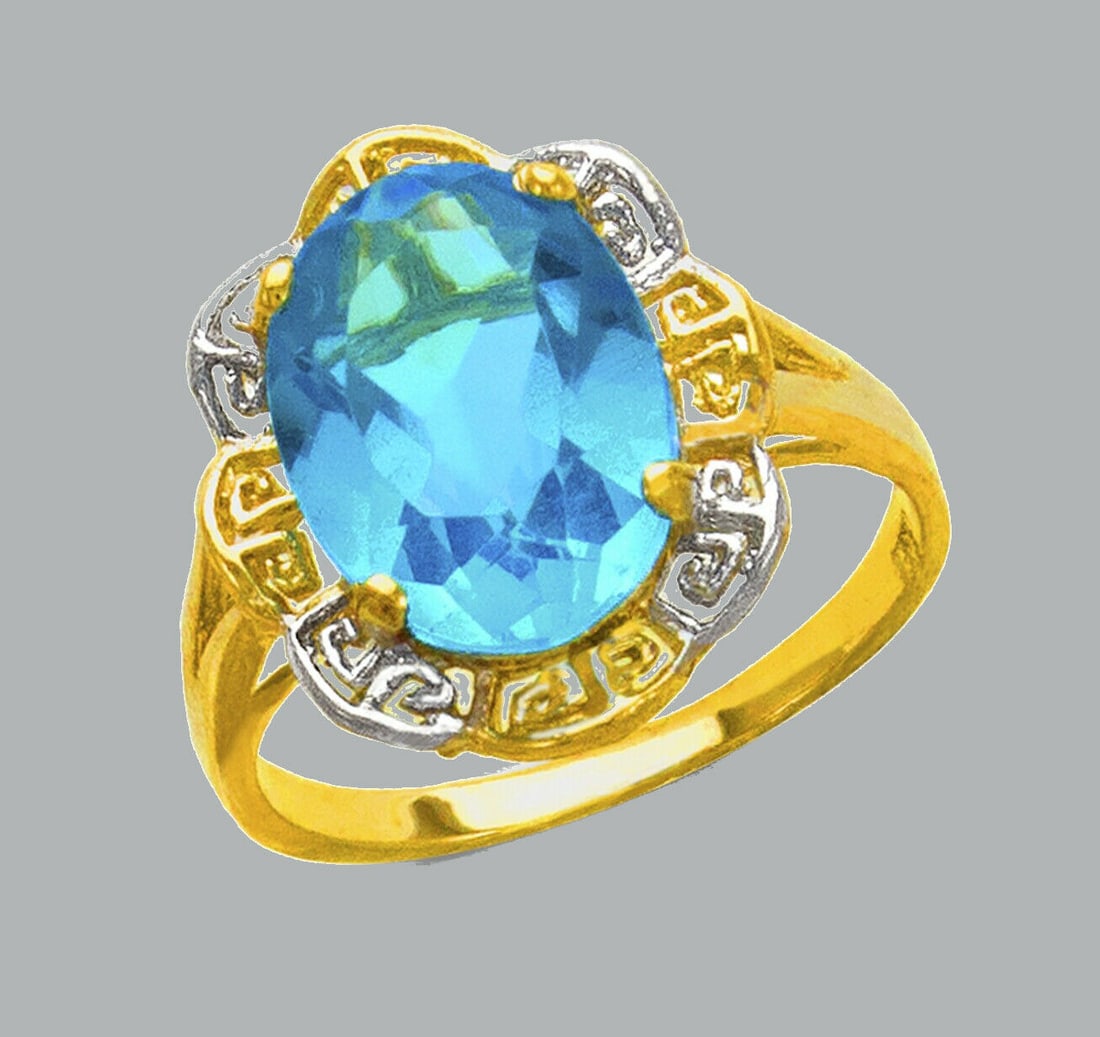 14K TWO TONE GOLD LADIES CZ COCKTAIL RING BLUE (1 of 1)