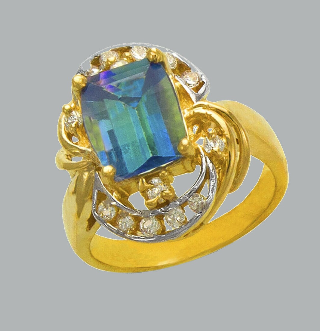 NEW 14K TWO TONE GOLD LADIES CZ COCKTAIL RING BLUE (1 of 1)