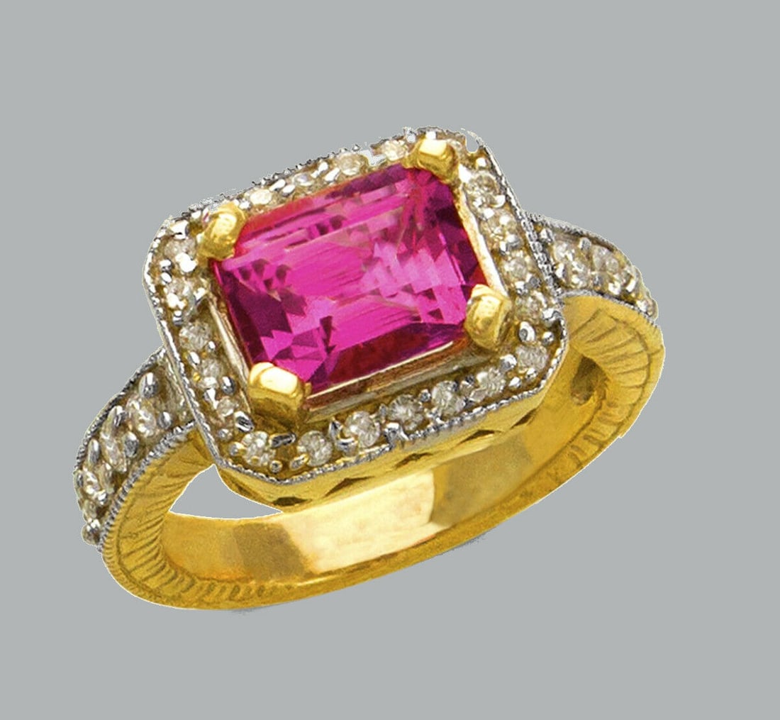 NEW 14K TWO TONE GOLD LADIES CZ COCKTAIL RING PINK (1 of 1)
