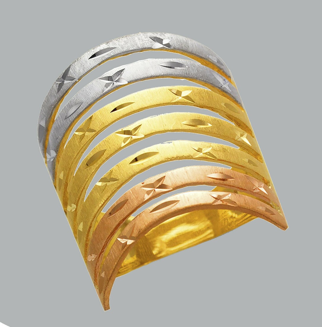 NEW 14K TRI COLOR GOLD LADIES RING LARGE 7 LAYER BAND: NEW 14K TRI COLOR GOLD RING New 14K Tri color solid gold ring Ring size 7 Measures 20mm wide on top Polished and satin Finish Apx Weight: 6.7g