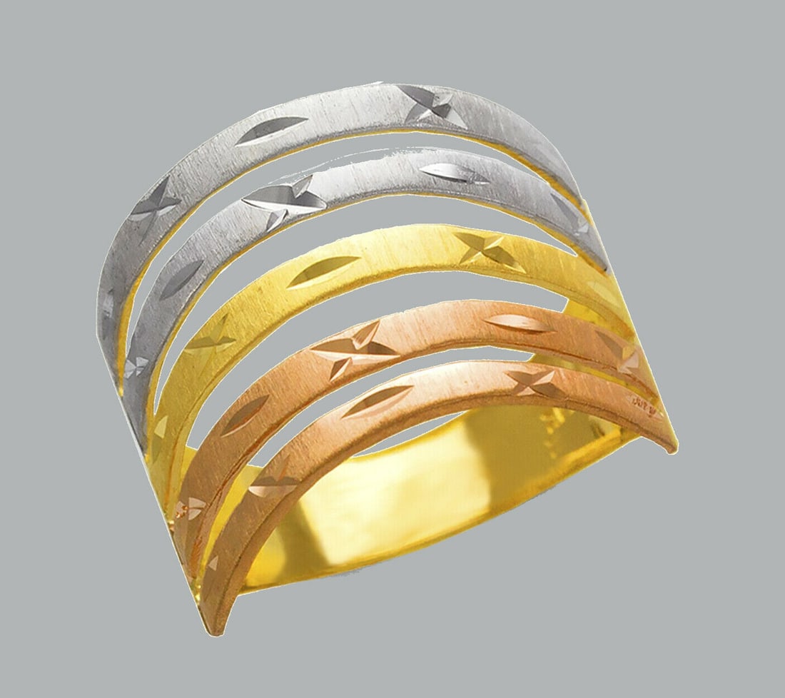 NEW 14K TRI COLOR GOLD LADIES RING LARGE 5 LAYER BAND: NEW 14K Tri color GOLD RING New 14K Tri color solid gold ring Ring size 7 Measures 20mm wide on top Polished and satin Finish Apx Weight: 3.8g