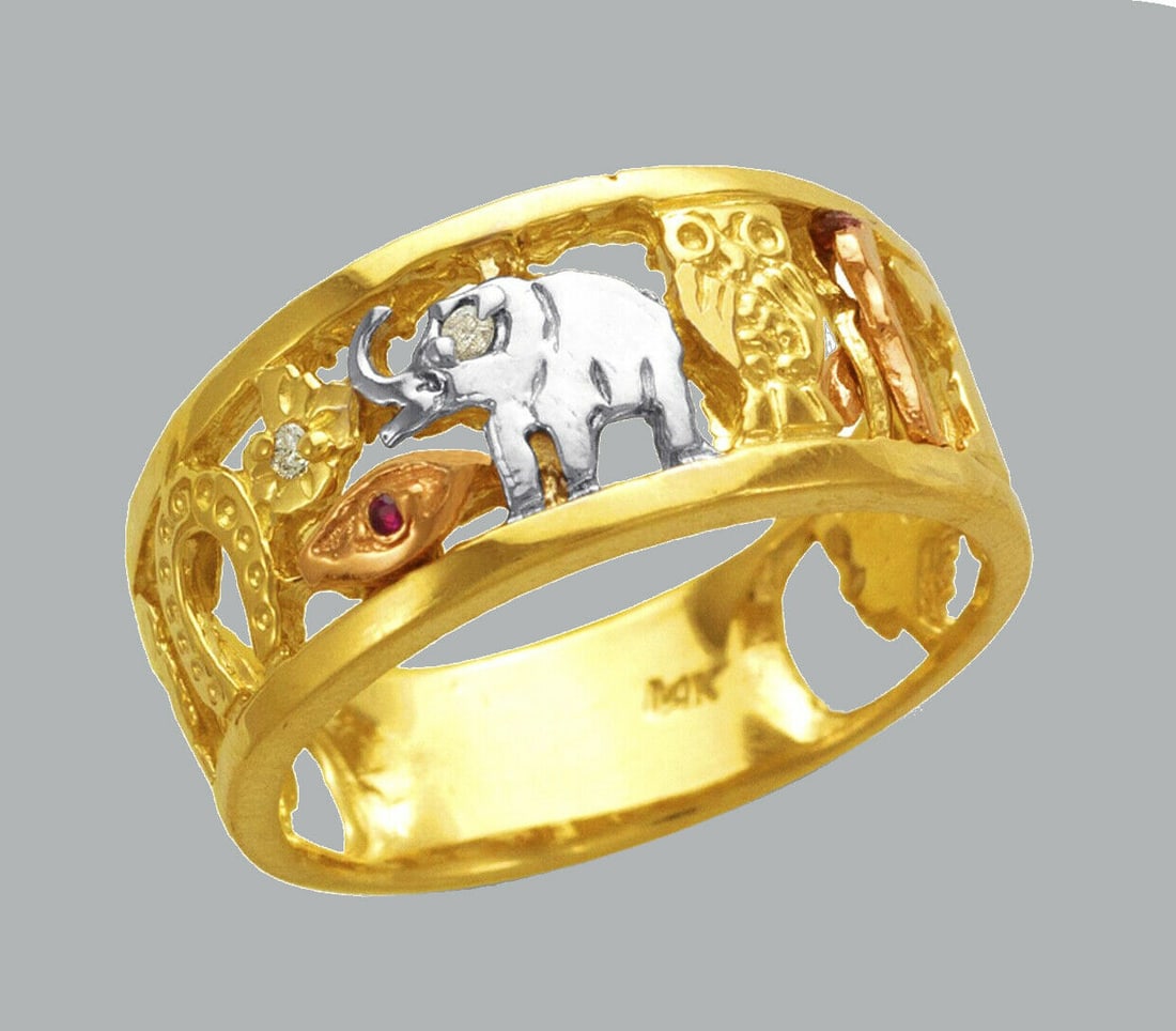 14K TRI COLOR GOLD CZ RING ELEPHANT BAND GOODLUCK (1 of 1)