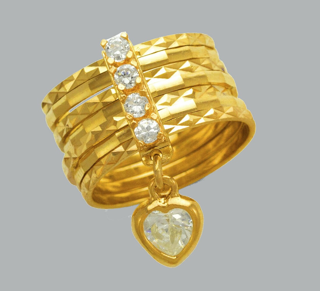 14K YELLOW GOLD CZ 7 BAND SEMANARIO RING DANGLE HEART: NEW 14K YELLOW GOLD RING New 14K Yellow solid gold ring Ring size 7 Measures 13mm wide Cubic Zirconia Polished Finish Apx Weight: 6.5g