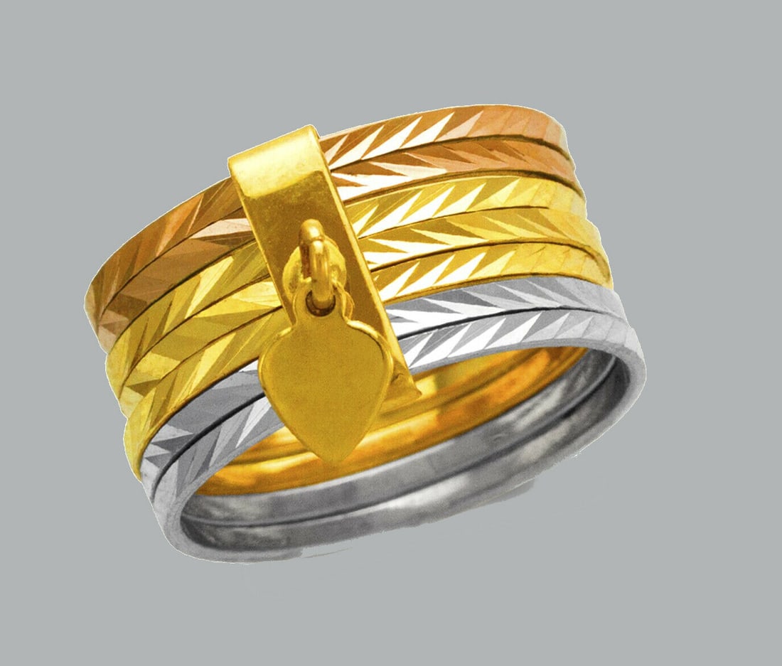 14K TRI COLOR GOLD 7 BAND SEMANARIO RING DANGLE HEART: NEW 14K TRI COLOR GOLD RING New 14K Tri color solid gold ring Ring size 7 Measures 9mm wide Polished Finish Apx Weight: 4.5g
