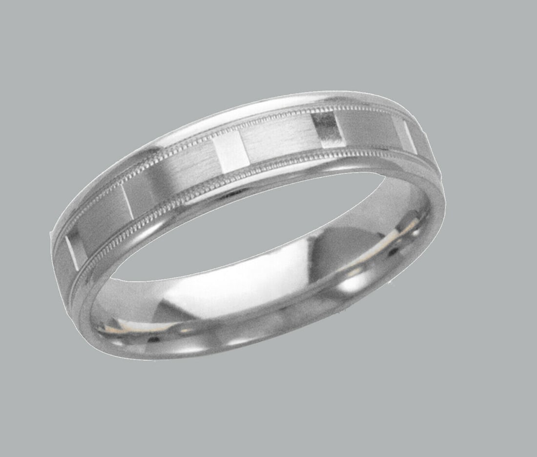 14K W/ GOLD WEDDING BAND RING COMFORT SATIN 5mm SIZE 7: NEW 14K WHITE GOLD WEDDING COMFORT BAND RING If you want a different size please let us know Band measures 5mm wide 14K Solid White gold milligrain band (not hollow or plated) Comfort fit Wedding band