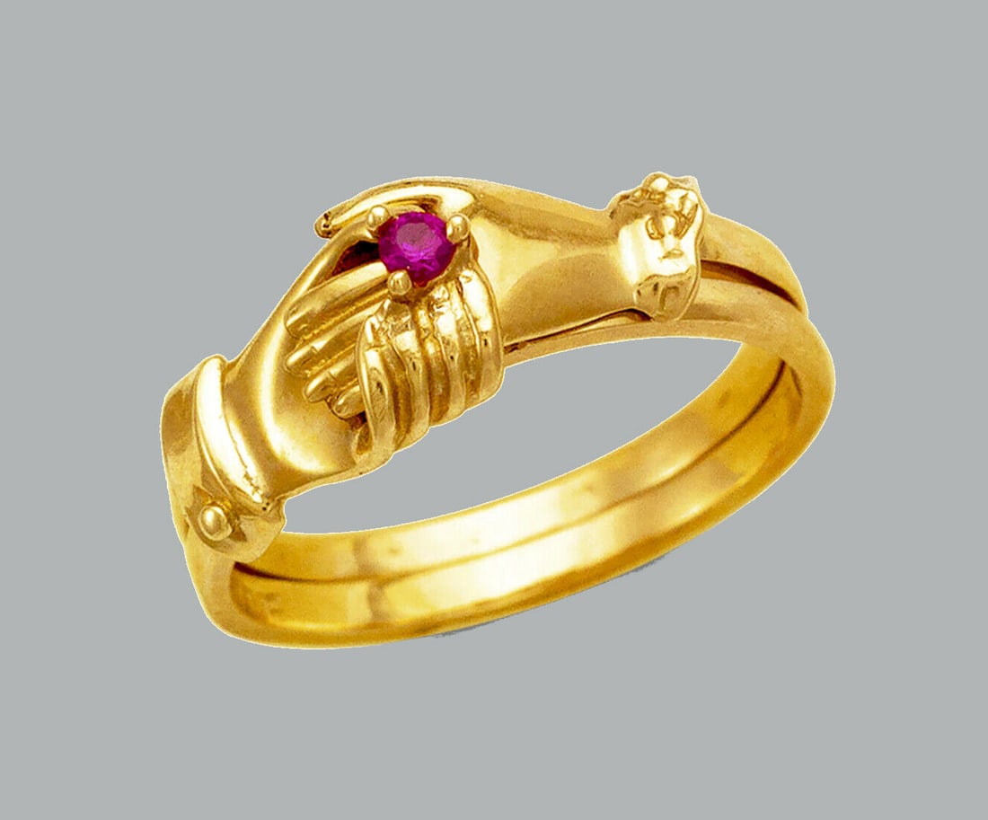 14K YELLOW GOLD LADIES RED CZ HOLDING HANDS RING (1 of 1)