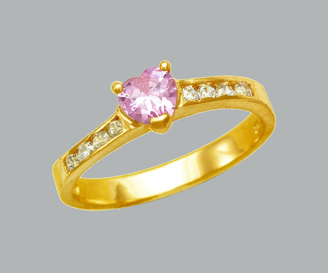 NEW 14K YELLOW GOLD LADIES CZ RING PINK HEART (1 of 1)