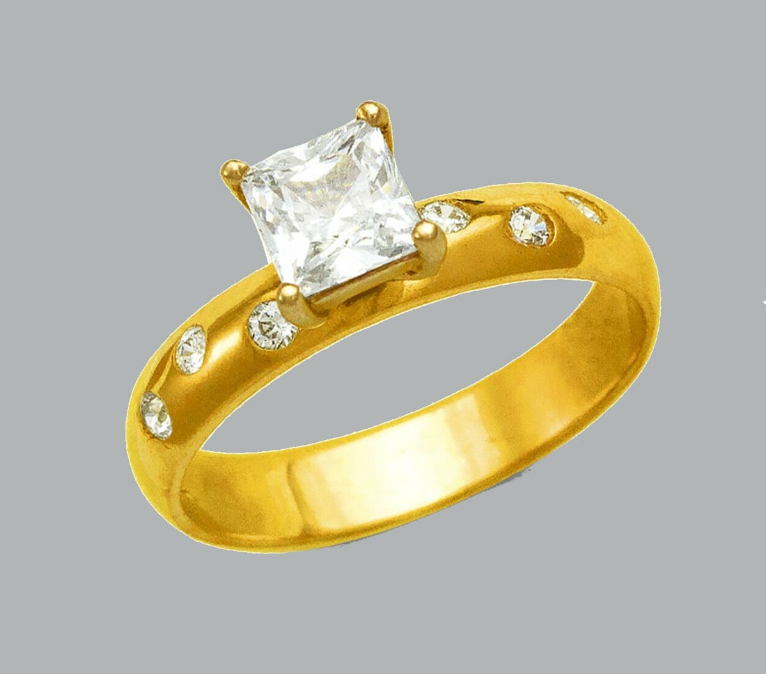 14K YELLOW GOLD CZ RING PRINCESS CUT ENGAGEMENT: NEW 14K YELLOW GOLD CZ RING New 14K Yellow solid gold ring Ring size 7 Measures 4mm band Cubic Zirconia Polished Finish Apx Weight: 3g
