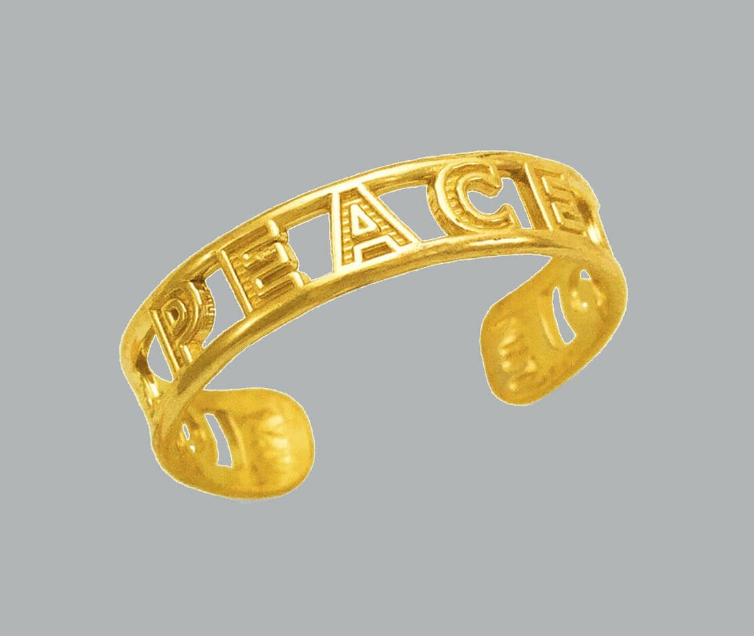 NEW 14K YELLOW GOLD LADIES KNUCKLE TOE RING PEACE: NEW 14K YELLOW GOLD TOE RING New 14K Yellow solid gold toe ring Toe ring size is adjustable Measures 4mm wide Polished Finish Apx Weight: 0.8g