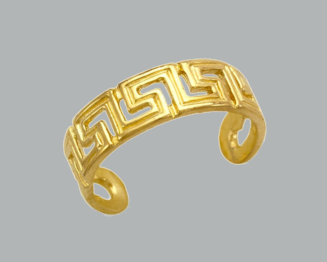 14K YELLOW GOLD LADIES KNUCKLE TOE RING GREEK KEY: NEW 14K YELLOW GOLD TOE RING New 14K Yellow solid gold toe ring Toe ring size is adjustable Measures 5mm wide Polished Finish Apx Weight: 1.7g