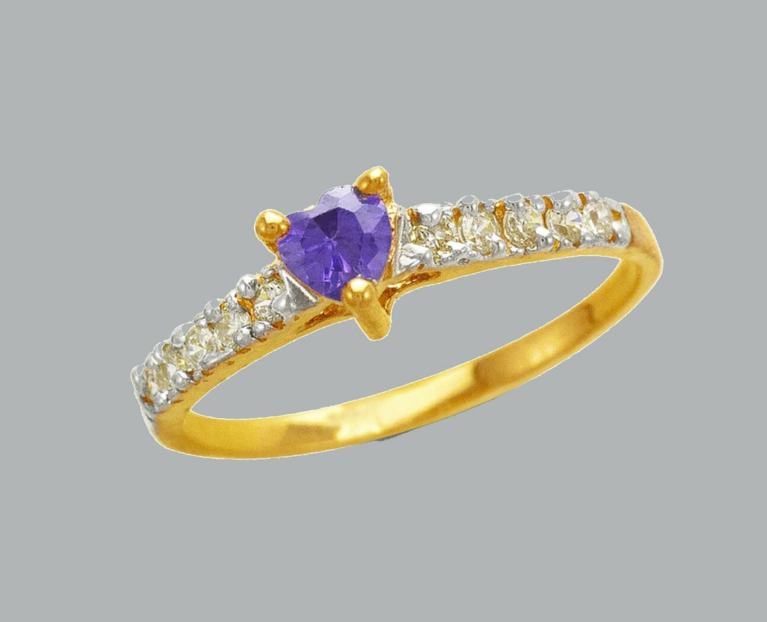 NEW 14K TWO TONE GOLD LADIES FANCY CZ RING PURPLE HEART (1 of 1)