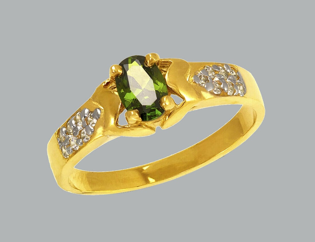 NEW 14K TWO TONE GOLD LADIES FANCY CZ RING GREEN OVAL (1 of 1)