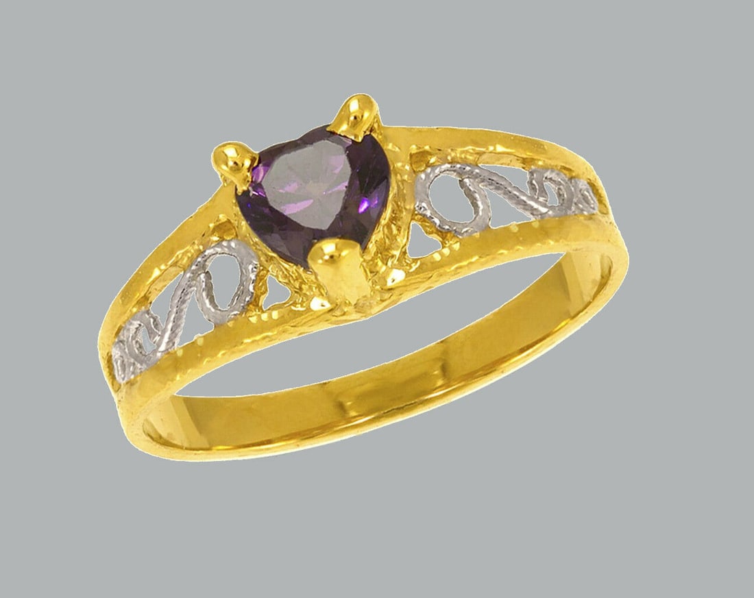 NEW 14K TWO TONE GOLD LADIES FANCY CZ RING PURPLE HEART (1 of 1)