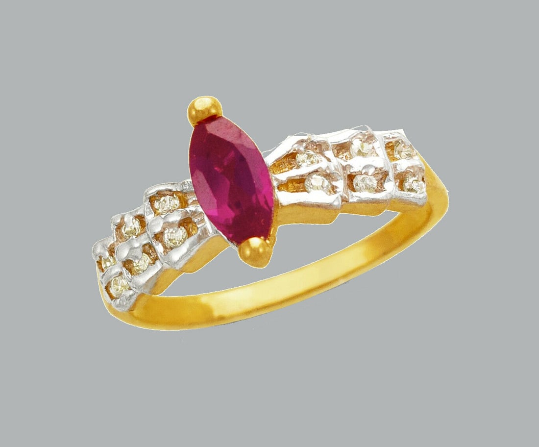 NEW 14K TWO TONE GOLD LADIES FANCY CZ RING RED MARQUISE (1 of 1)