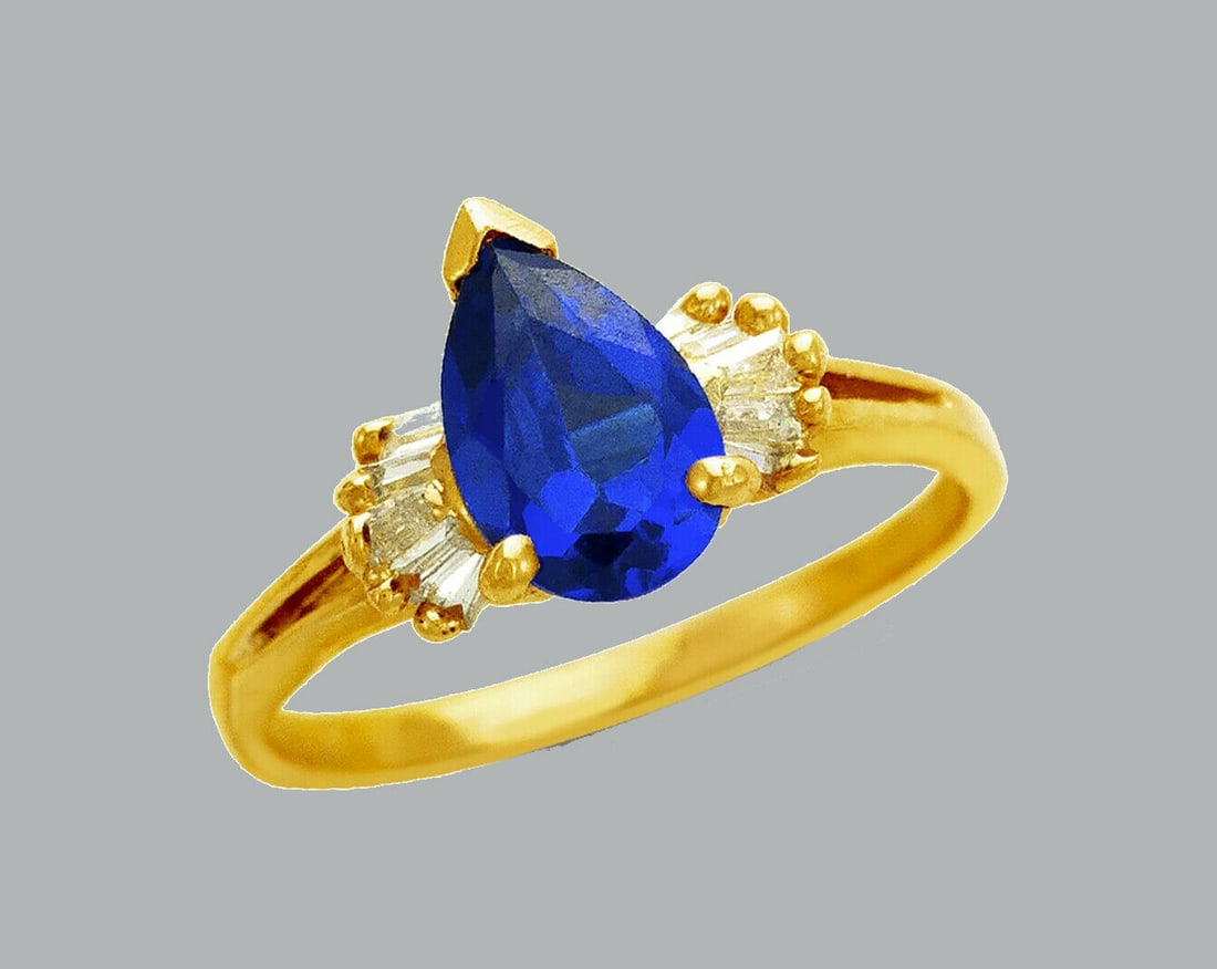 14K YELLOW GOLD LADIES FANCY CZ RING BLUE PEAR SHAPE (1 of 1)