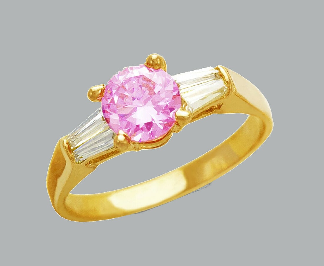 NEW 14K YELLOW GOLD LADIES FANCY CZ RING ROUND PINK (1 of 1)