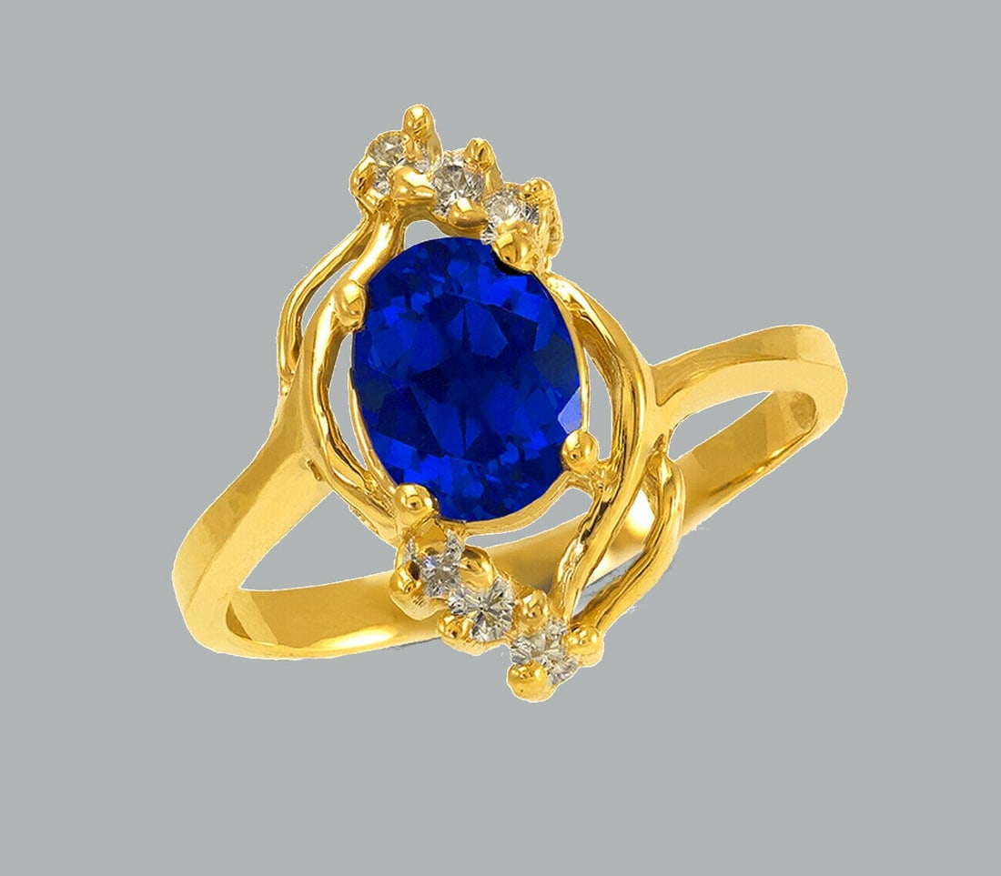 NEW 14K YELLOW GOLD LADIES FANCY CZ RING BLUE OVAL (1 of 1)