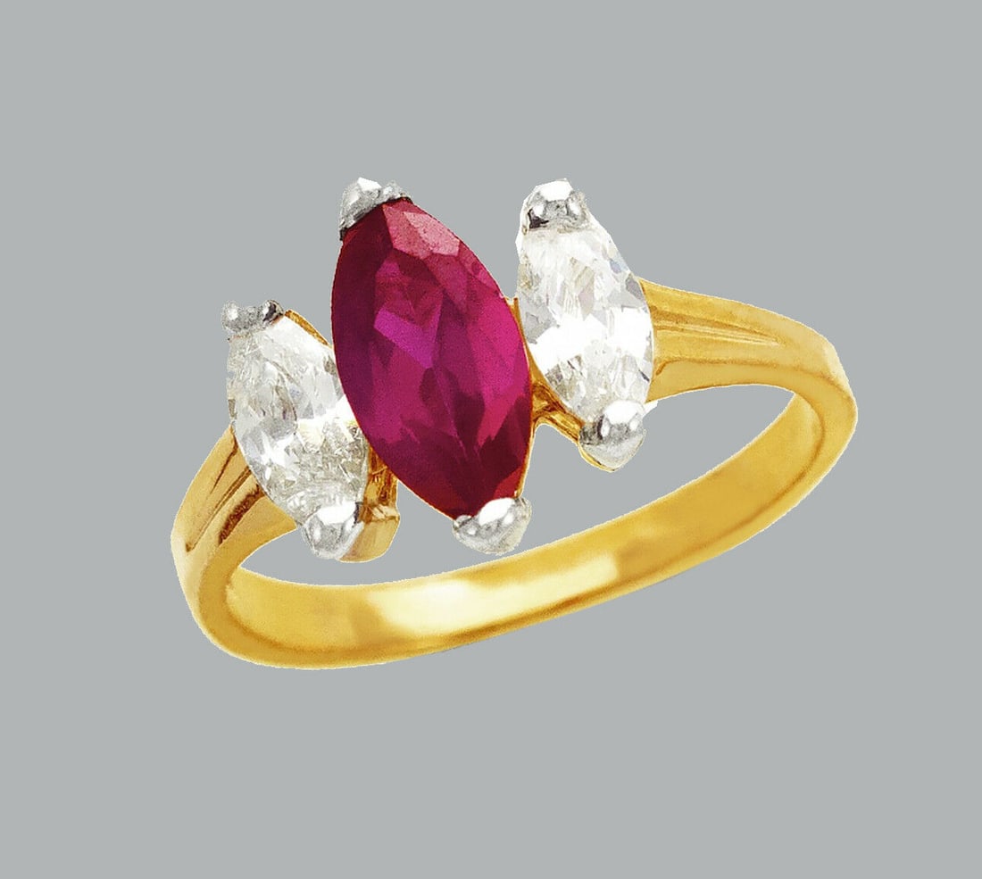 NEW 14K TWO TONE GOLD LADIES FANCY CZ RING RED MARQUISE (1 of 1)