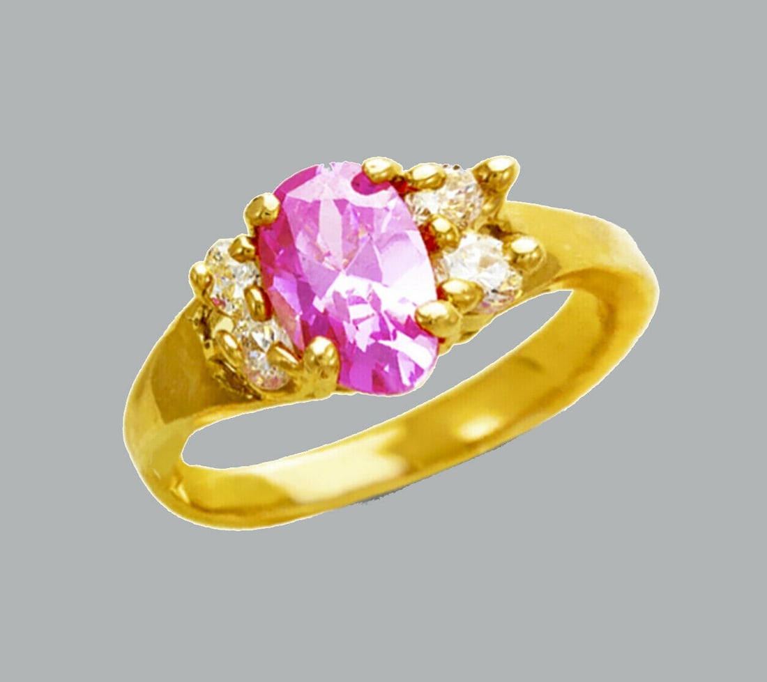 NEW 14K YELLOW GOLD LADIES FANCY CZ RING PINK OVAL (1 of 1)