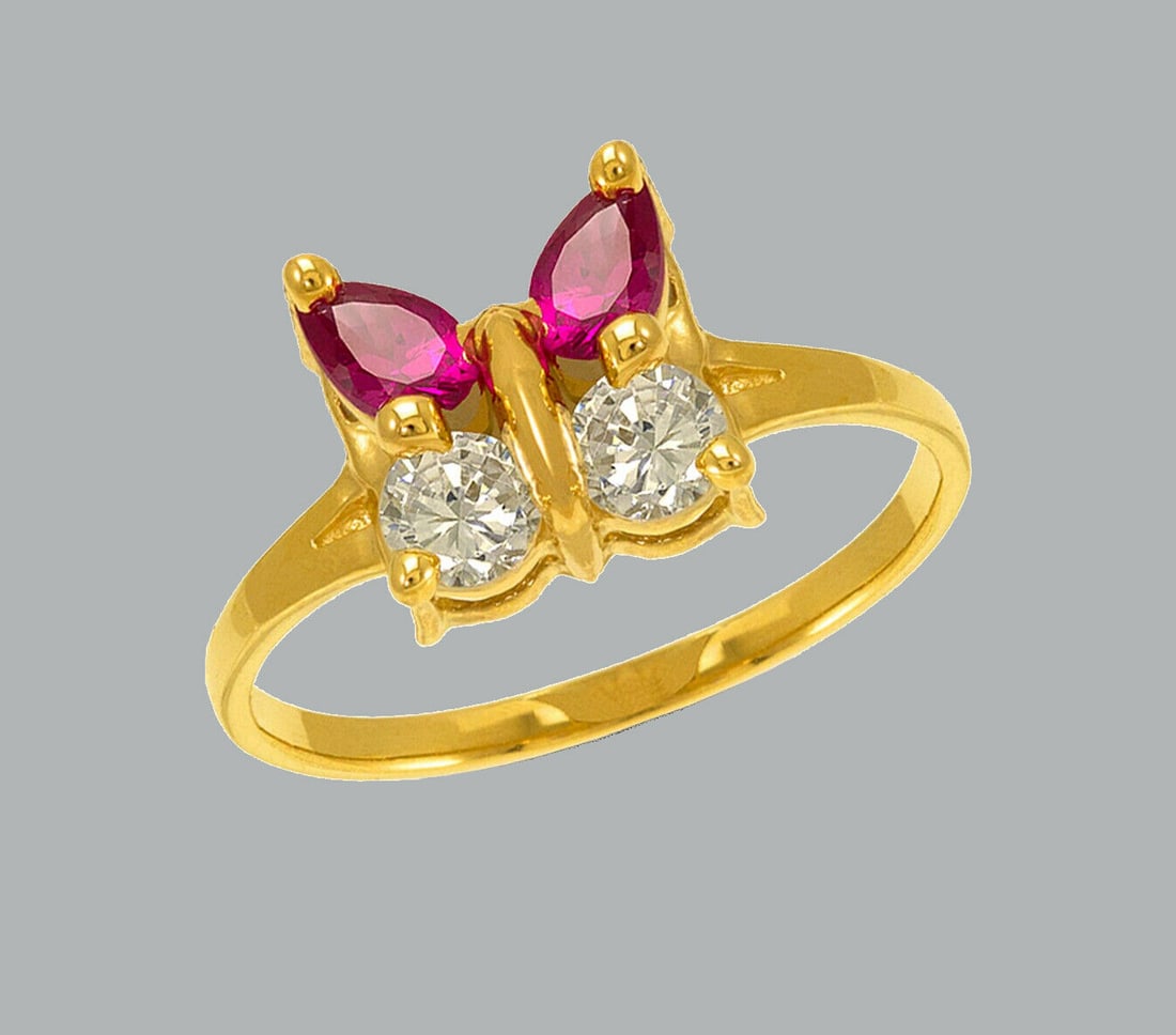 NEW 14K YELLOW GOLD LADIES FANCY CZ RING RED BUTTERFLY (1 of 1)