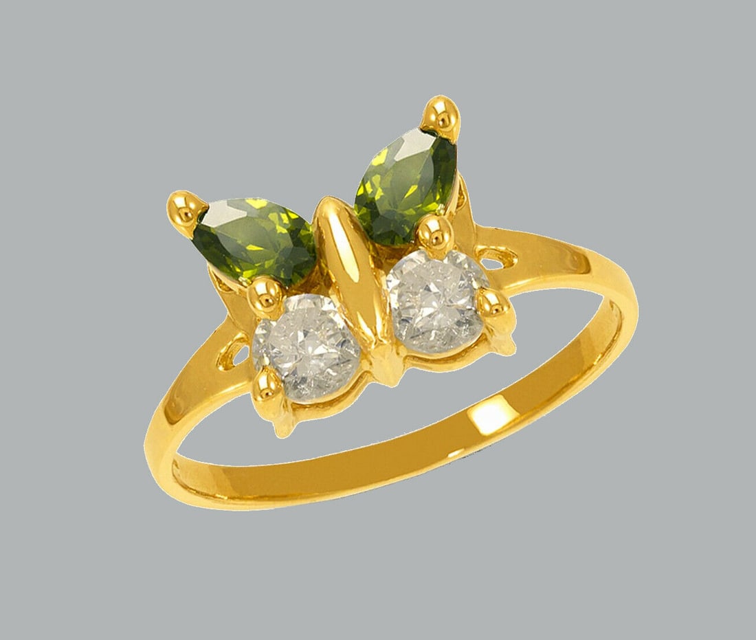 14K YELLOW GOLD LADIES FANCY CZ RING GREEN BUTTERFLY (1 of 1)