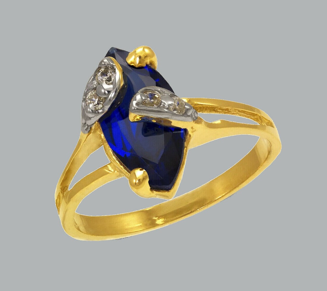 14K TWO TONE GOLD LADIES FANCY CZ RING BLUE MARQUISE (1 of 1)