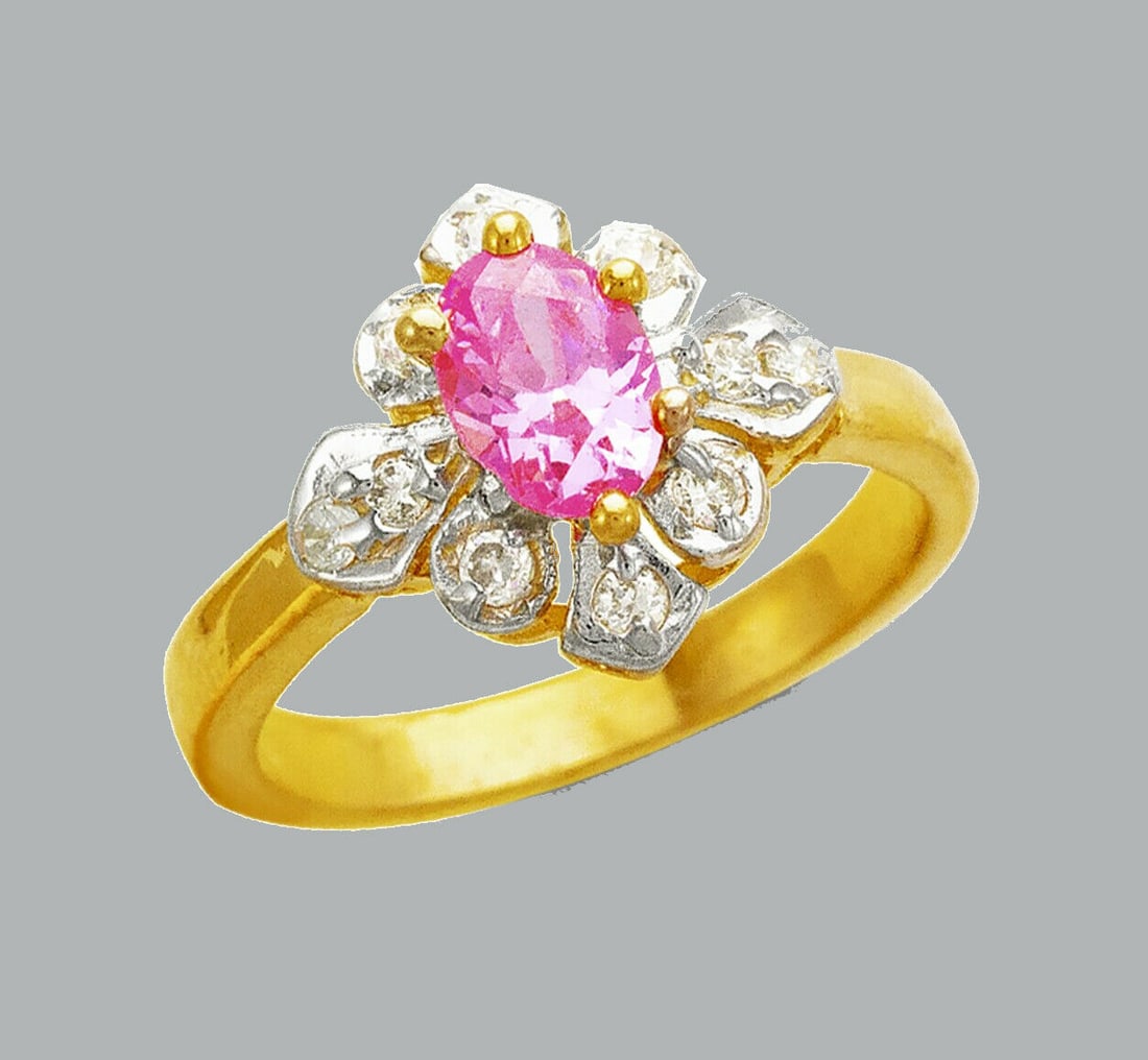 NEW 14K TWO TONE GOLD LADIES FANCY CZ RING PINK OVAL (1 of 1)