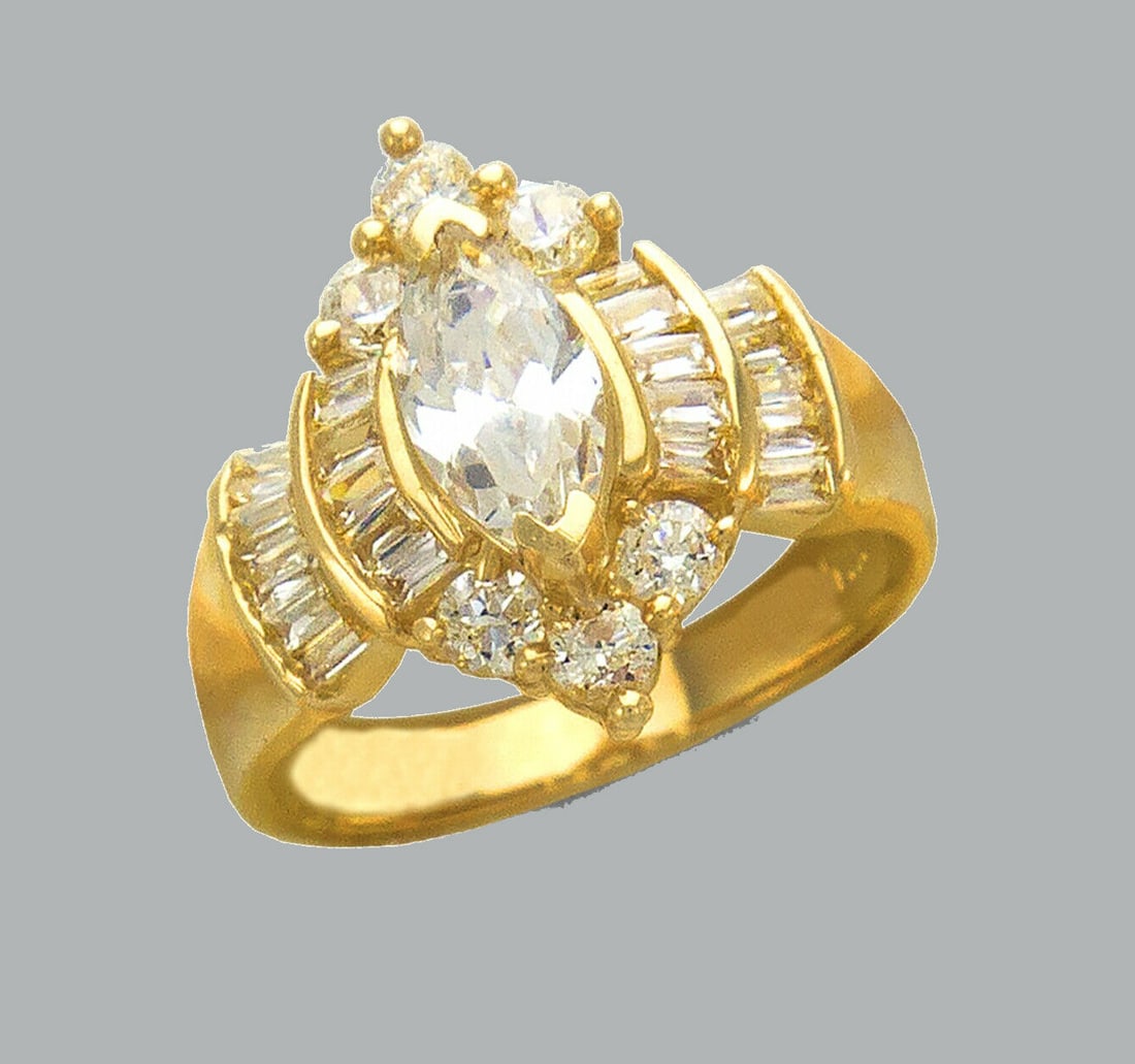 14K YELLOW GOLD LADIES FANCY CZ COCKTAIL RING MARQUISE: NEW 14K YELLOW GOLD CZ RING New 14K Yellow solid gold ring Ring size 7 Measures 17mm wide on top Cubic Zirconia Polished Finish Apx Weight: 6g