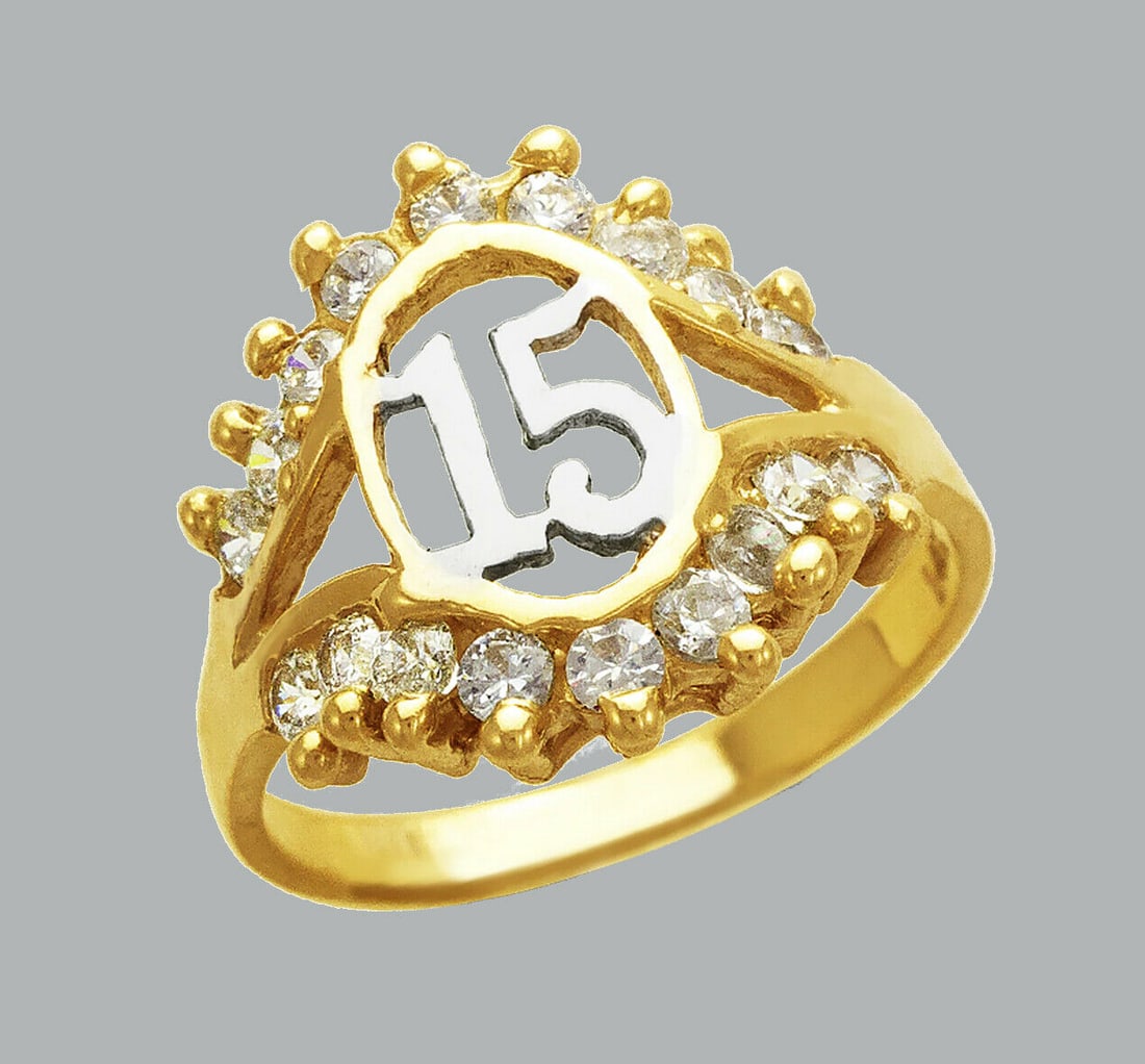 NEW 14K TWO TONE GOLD LADIES FANCY CZ RING 15 ANOS: NEW 14K TWO TONE GOLD CZ RING New 14K Two tone solid gold ring Ring size 7 Measures 16mm wide on top Cubic Zirconia Polished Finish Apx Weight: 3.4g