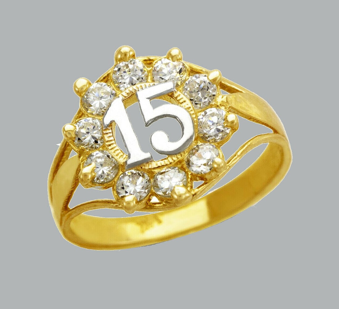 NEW 14K TWO TONE GOLD LADIES FANCY CZ RING 15 ANOS: NEW 14K TWO TONE GOLD CZ RING New 14K Two tone solid gold ring Ring size 7 Measures 13mm wide on top Cubic Zirconia Polished Finish Apx Weight: 2.4g