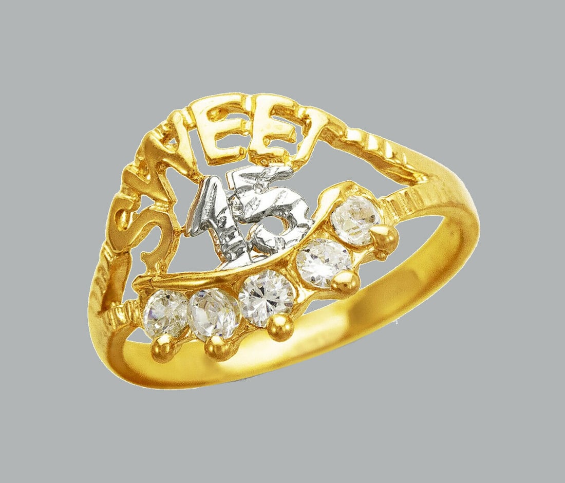 NEW 14K TWO TONE GOLD LADIES FANCY CZ RING SWEET 15: NEW 14K TWO TONE GOLD CZ RING New 14K Two tone solid gold ring Ring size 7 Measures 13mm wide on top Cubic Zirconia Polished Finish Apx Weight: 2.2g