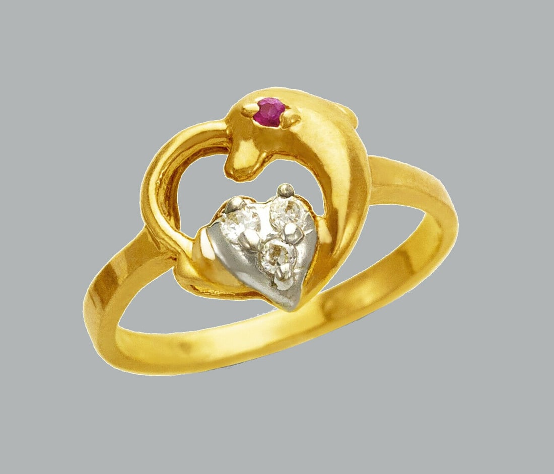 14K TWO TONE GOLD LADIES FANCY CZ RING DOLPHIN HEART: NEW 14K YELLOW GOLD CZ RING New 14K Yellow solid gold ring Ring size 7 Measures 10mm wide on top Cubic Zirconia Polished Finish Apx Weight: 2.3g