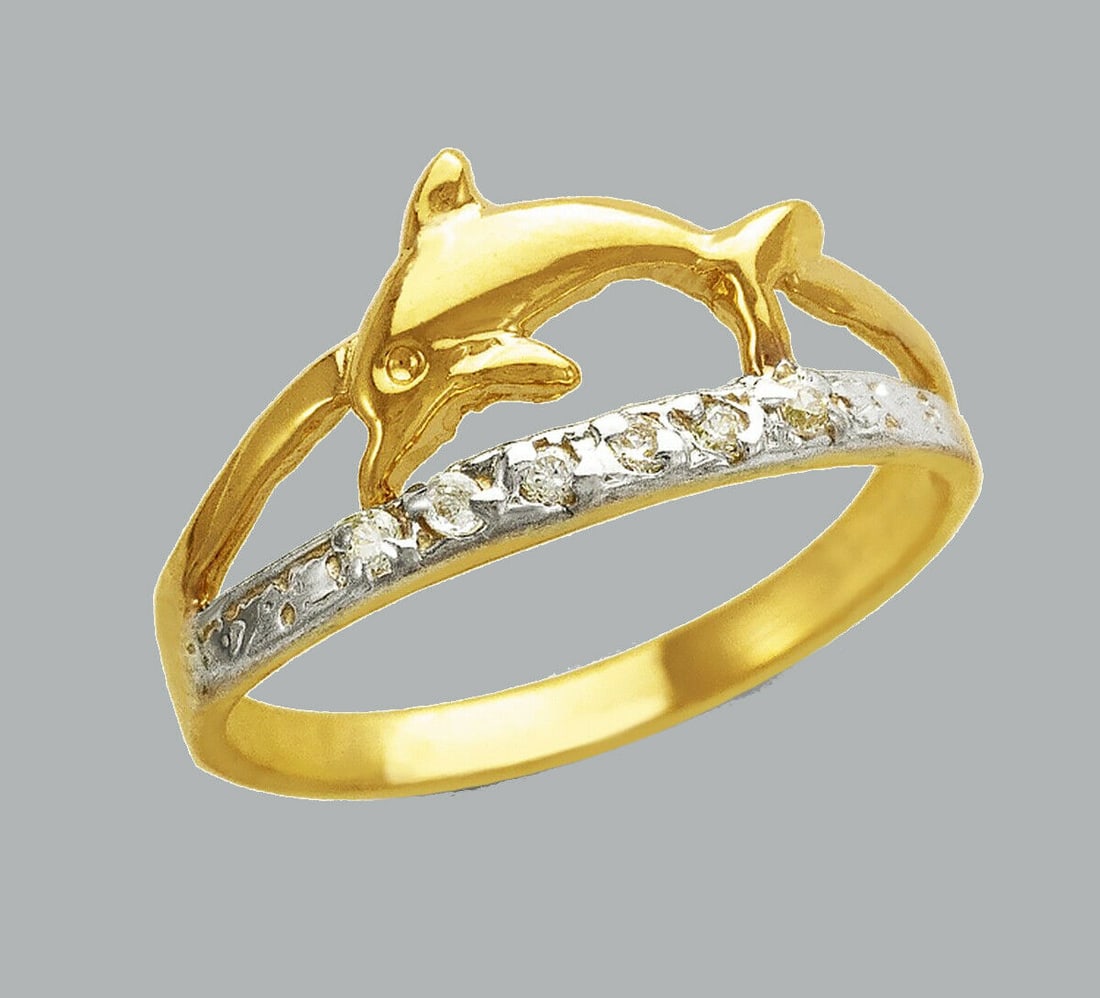 NEW 14K TWO TONE GOLD LADIES FANCY CZ RING DOLPHIN (1 of 1)