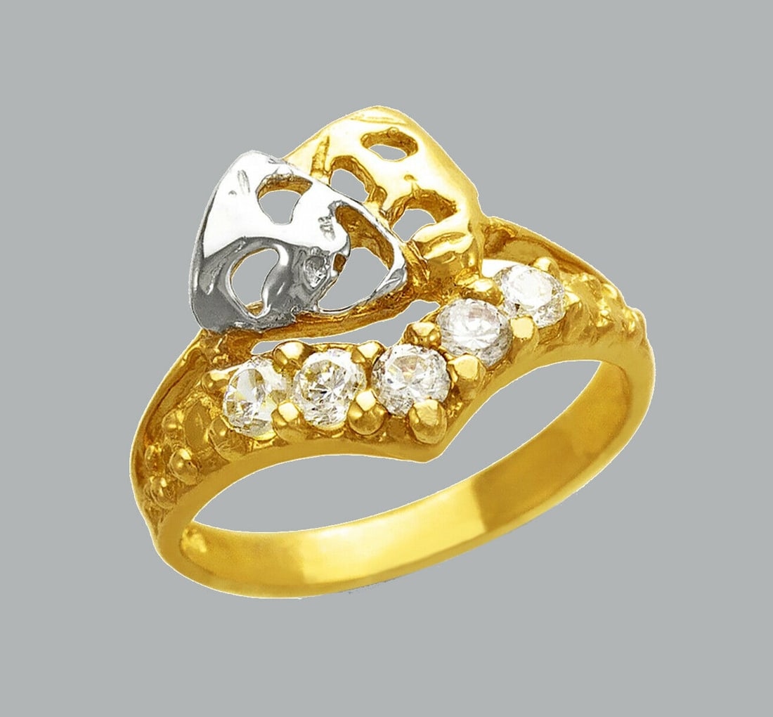 NEW 14K TWO TONE GOLD LADIES FANCY CZ RING MASKS: NEW 14K TWO TONE GOLD CZ RING New 14K Two tone solid gold ring Ring size 7 Measures 13mm wide on top Cubic Zirconia Polished Finish Apx Weight: 3.1g