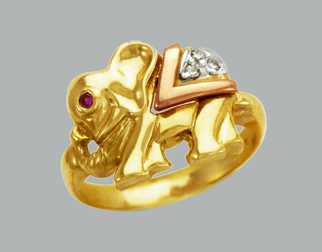 NEW 14K TRI COLOR GOLD LADIES FANCY CZ RING ELEPHANT: NEW 14K TRI COLOR GOLD CZ RING New 14K Tri color solid gold ring Ring size 7 Measures 14mm wide in front Cubic Zirconia Polished Finish Apx Weight: 5g